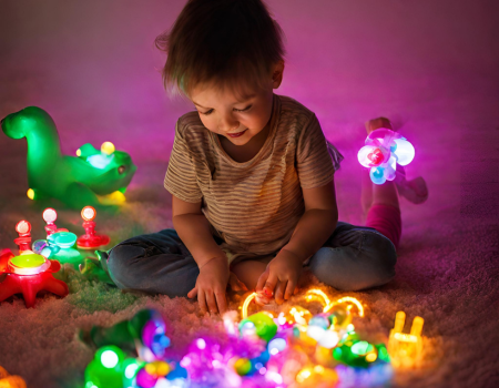 A child surrounded by illuminated toys
